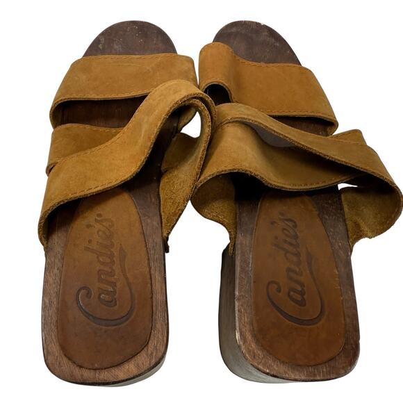 Candies Chunky Sandals Size 7 Vintage Y2K Wooden Clog Platform Camel Tan Leather - Picture 9 of 9